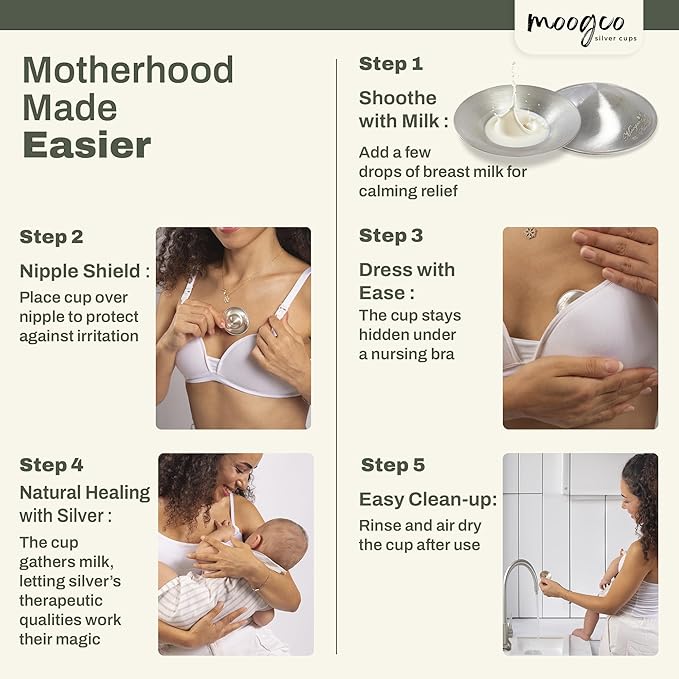 MOOGCO The Original Silver Nursing Cups - Nipple Shields for Breastfeeding Newborn - Silver Nipple Covers for Breastfeeding - Breastfeeding Essentials - 925k Nipple Cups