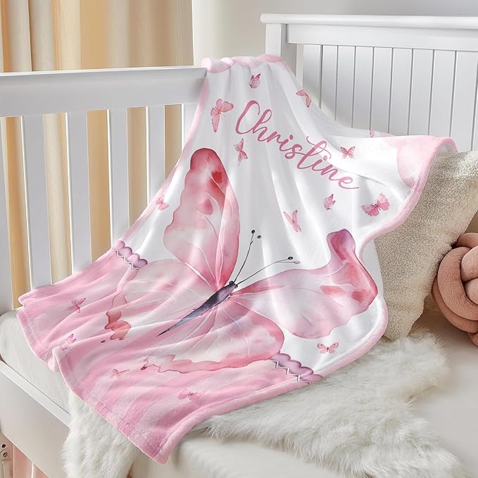 Personalized Baby Blanket for Girls, Custom Baby Blanket with Name, Soft Cozy Personalized Name Blankets for Kids, Customized Butterfly Blankets for Infant Toddler Birthday Christmas