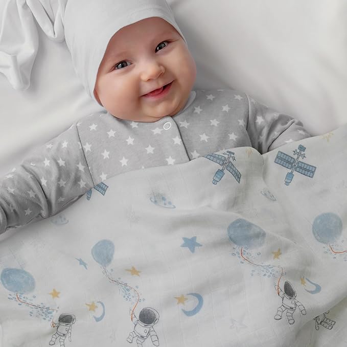 GLLQUEN BABY Receiving Blanket Boy Cotton Muslin Swaddle Blankets Girl Newborn Squares Breathable & Soft Thin Baby Blankets Cloths Double Absorbent Infant Swaddling Wrap - 6 Pack (Blue Astronaut)