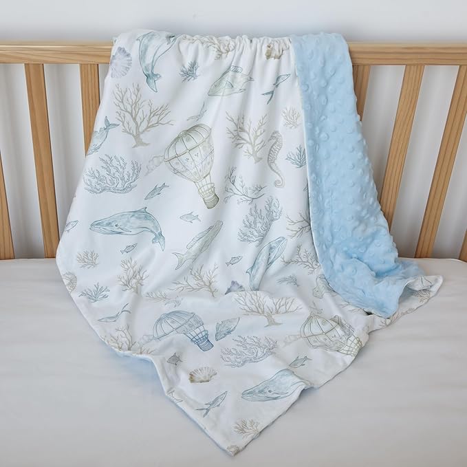 Whale Baby Fleece Blanket Neutral for Boys Girls, Soft Kid Throw Minky Blanket Double Layer with Dotted Backing, 30 x 40 Inch Blue Whale Hot-air Balloon Print