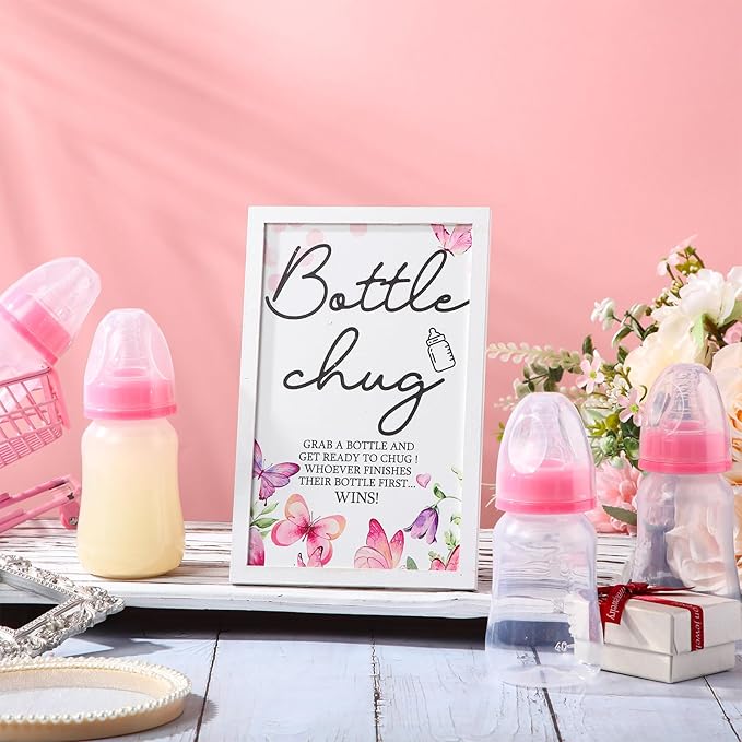 Roowest Bottle Chug Baby Shower Game Favors Including Pink Butterfly Theme Wooden Sign and 18 Pcs Feeding Bottles for Gender Reveal Party Supplies
