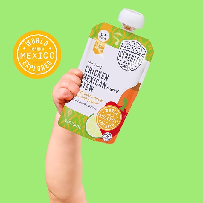Serenity Kids 7+ Months World Explorers Baby Food Pouches - 3.5 oz, Pack of 18-40% DV Protein 5g Baby Protein Pouches - BPA-Free- Organic Veggies - Variety Pack