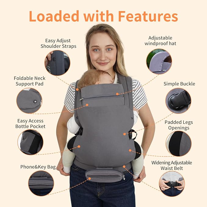 Baby Carrier, Baby Carrier Newborn to Toddler, Ergonomic, Cozy and Lightweight Infant Carrier for 7-44lbs, Toddler Carrier Ideal for Hands-Free Parenting with Zipper Pouch, Bottle Bag, Windproof Cover