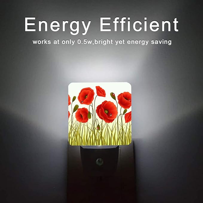 Red Flowers Night Light,Red Poppy Flowers and Ladybugs Plug-in Night Lights with Dusk-to-Dawn Sensor for Stairway/Hallway/Bedroom Sleep Friendly lamp for Women/Girls/Boys Gift,0.5W