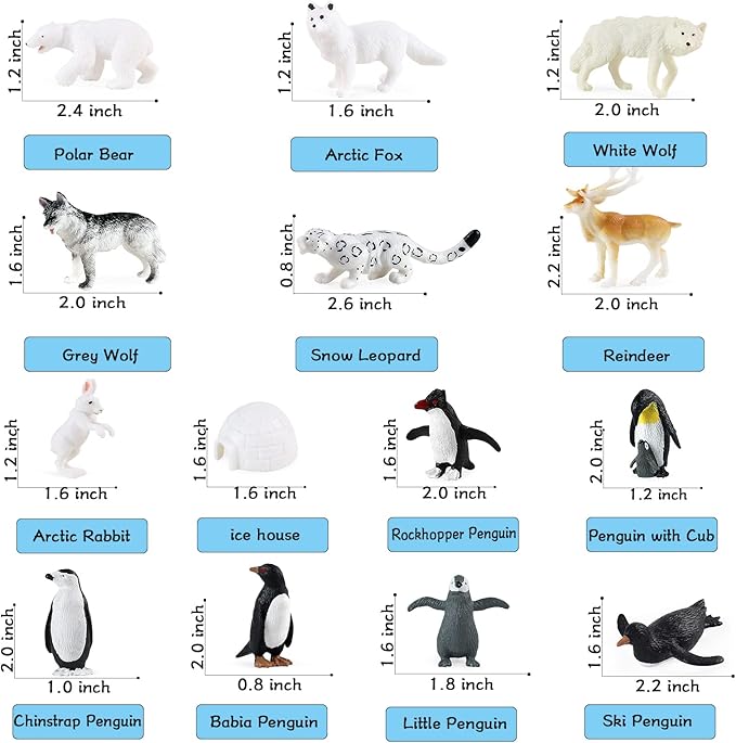 RCOMG Arctic Animals Figures, 14pcs Mini Polar Animal Figurines, Plastic Arctic Animal Toys Set with Arctic Fox Wolf Reindeer Penguins Toys
