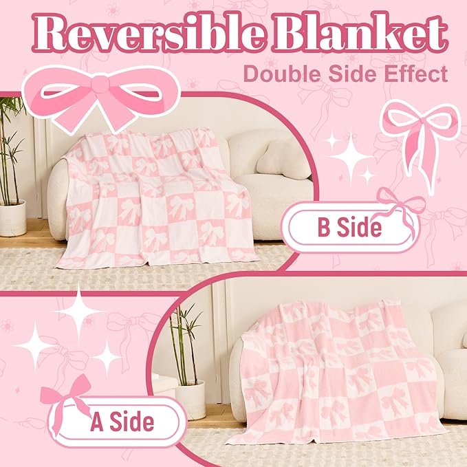 Pink Bow Blanket Cozy Knitted Bow Checkered Throw for Baby Girls, Reversible Pattern Bows Gift, Coquette Pink Bows Bedding Stuff Decor Blankets 50x60 Inches