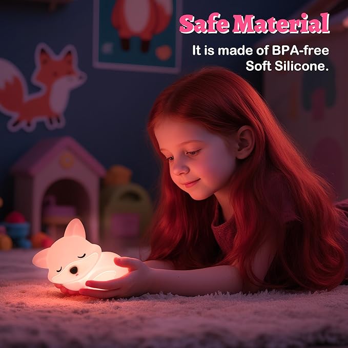 Pink Fox Night Light Toy Gifts for Girls, Cute Fox Squishy Lamp for Daughter Gifts, Dimmable Rechargeable Silicone Animal Night Light, Sweet Birthday Xmas Gift for Girls Room Pink Decor