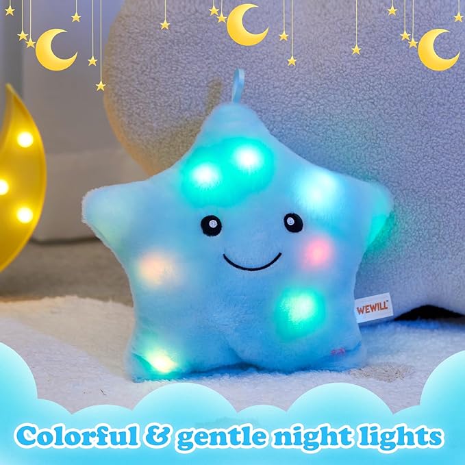 WEWILL 9'' LED Twinkle Star Soft Plush Pillow Toys Glowing Stuffed Star Light up Pillow Plush with Colorful Night Lights Birthday Gift for Toddler Kids(Blue)