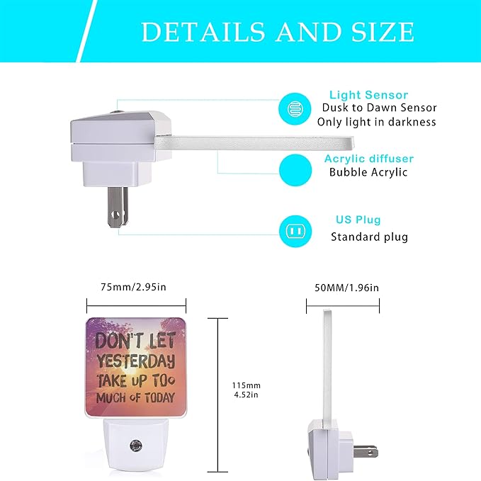 Inspirational Quote Night Light,Don't Let Yesterday Take Up Too Much of Today Night Lights Plug into Wall for Boys Girls Gifts, Dusk to Dawn Sensor Nightlight 0.5W Sleep Friendly
