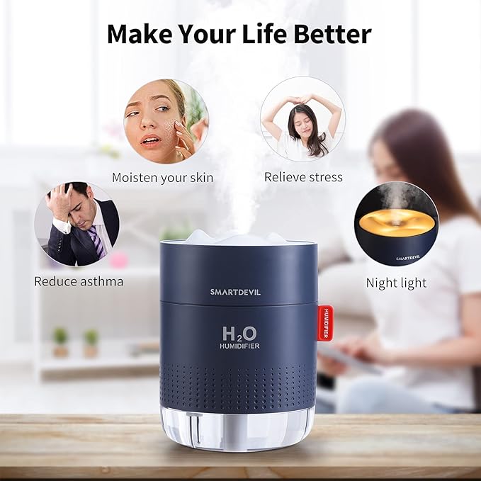 SmartDevil Small Humidifiers, 500ml Desk Humidifiers, Whisper-Quiet Operation, Night Light Function, Two Spray Modes, Auto Shut-Off for Bedroom, Babies Room, Office, Home (Dark Blue)