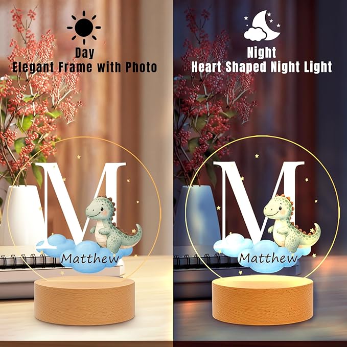 Custom Baby Gift Night Light for Baby Boys Girls Nursery Decor, Personalized Initial Name LED Night Light with Wooden Base, LED Color-Changing Lamp for Toddlers Kids 2