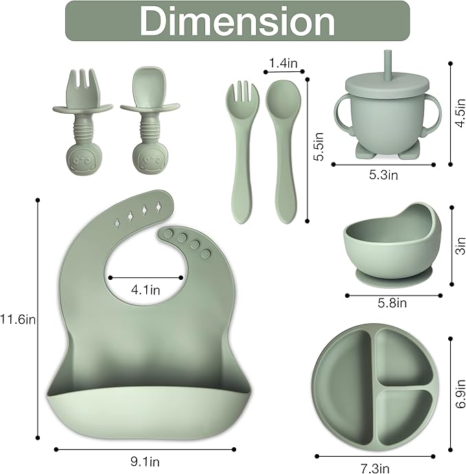 Baby Feeding Set 10-Piece | Baby Led Weaning Utensils Set Includes Suction Bowl and Plate, Baby Spoon and Fork, Sippy Cup, Straw, Lid & 2Bibs | Baby Feeding Supplies (Army Green)