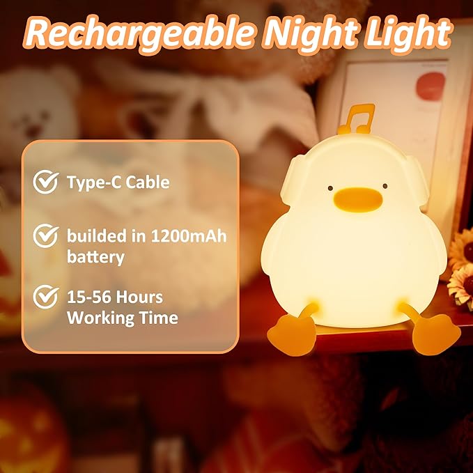Duck Night Light, Squishy Duck Lamp, Silicone Bedside Light Up Funny Duck with Dimmer & Rechargeable,Birthday Gifts for Friends Women(Enjoy Duck)