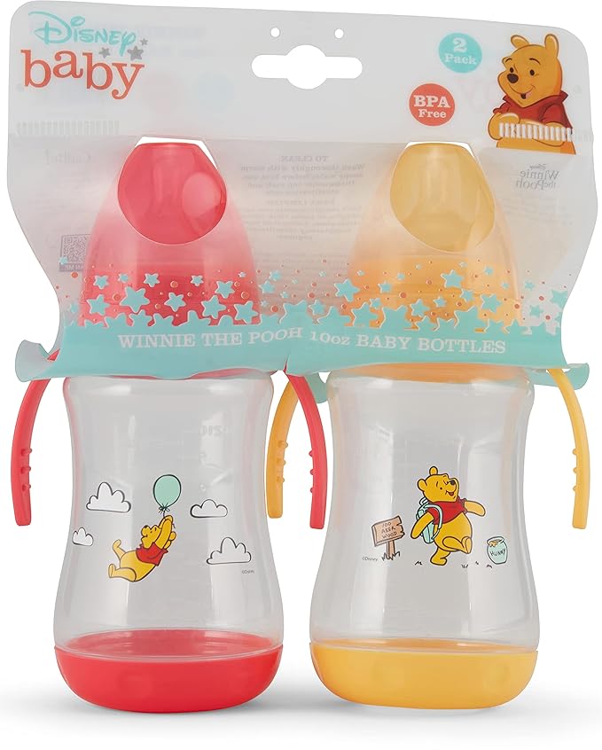 Disney 2 Pack 10 Ounce Baby Bottles with Character Prints and Colored Covers with Double Handle - BPA Free and Easy to Clean