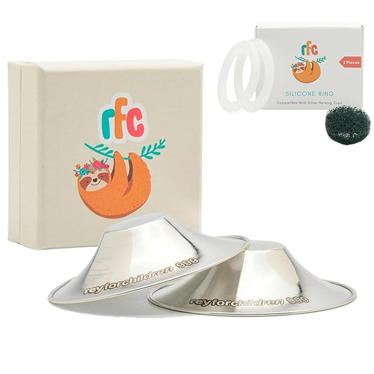 RFC Silver Nursing Cups - 999 Silver Nursing Pad - Nipple Shield Kit for Nursing Newborn - Breastfeeding Essentials - Nipple Cover Breastfeeding - with Silicone Ring & Cleaning Scotch & Case (XL)