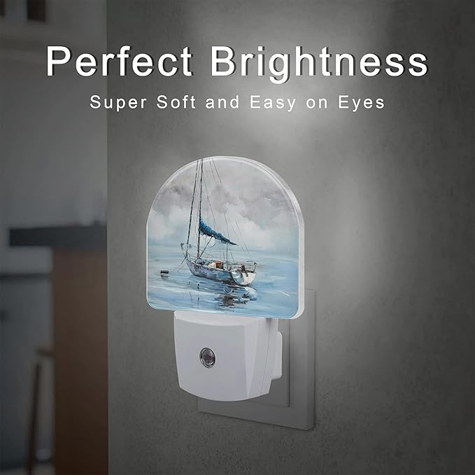 Blue Sailboat in Harbor Night Light Plug into Wall, Boat Ocean Oil Painting Dusk to Dawn Night Light Plug in,0.5w Energy Saving Sleep Friendly NightLight for Kids Boys Girls Home Decor