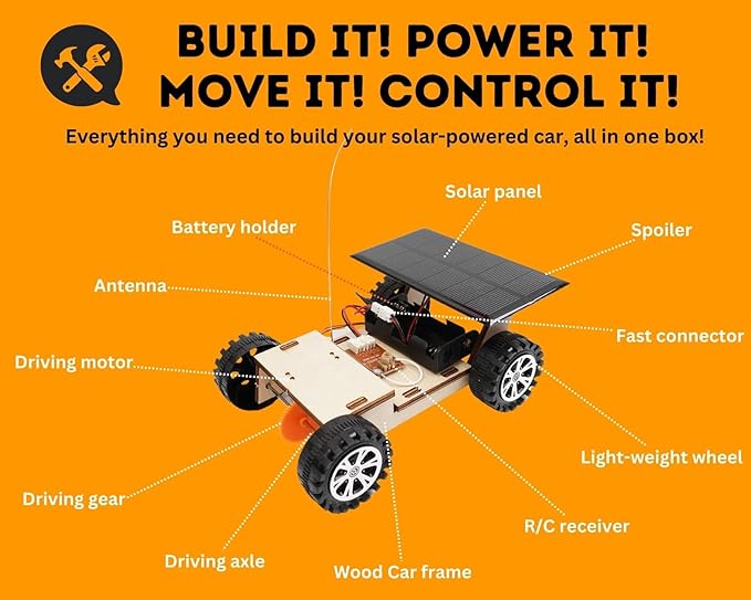 Solar-Powered Car V300, Wooden STEM Kit with Wireless Remote Control for Boys and Girls, Hybrid Powered by Solar Power and Batteries, Educational Motor Toy Gift for Kids Aged 8-12