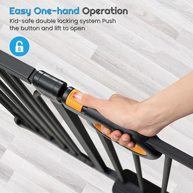 Owlie Baby Gate with Door 66-75 Inch, Extra Wide Stair Gates for Kids Adjustable Wide Dog Pet Gate Stairway Large Baby Gates Pressure Mount for Pets for House Stairway Doorway Black (30.5'' Tall)