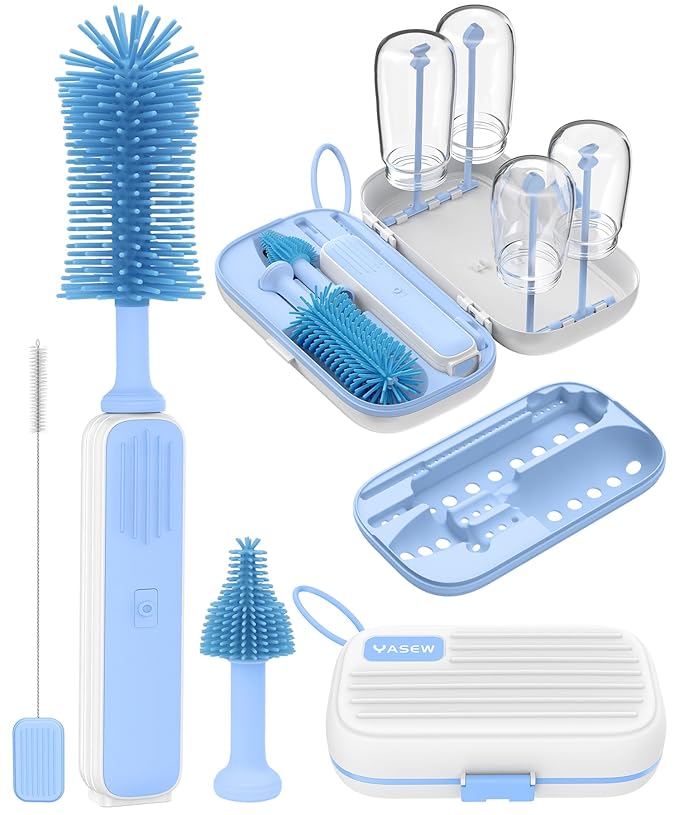 Electric Baby Bottle Brush Cleaner, Baby Travel Bottle Cleaner Kit- 2000mAh Rechargeable Silicone Brush, Drying Rack, Compact Storage Box, 360° Efficient Cleaning Bottle Brush for Home & On-The-Go