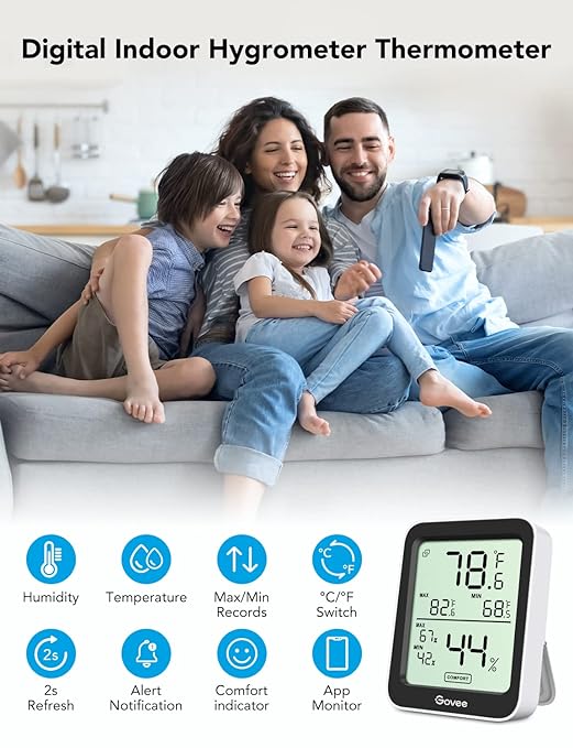 Govee Indoor Hygrometer Thermometer 3 Pack, Bluetooth Humidity Temperature Gauge with Large LCD Display, Notification Alert with Max Min Records, 2 Years Data Storage Export for Room Greenhouse, Black