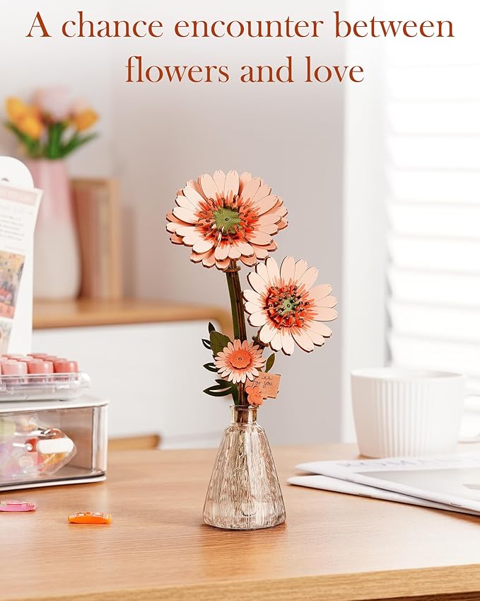 3D Flower Wooden Puzzles for Adults-Gerbera Daisy, DIY Wooden Flowers Model Kit Building Set Crafts for Adults to Build, Botanical Collection/Ideal Creative Gift Ideas/Housewarming (105PCS)