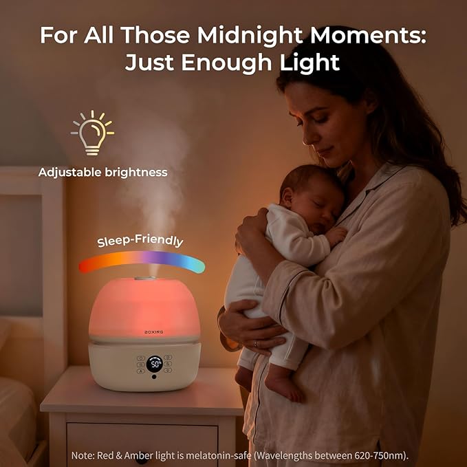BOXING Top Fill Humidifiers for Bedroom Baby with Humidistat, 20dB Quiet Air Humidifier for Large Room & Indoor Plants with Remote, Cool Mist Diffuser for Home, 7 Color Light, Essential Oil Tray,Timer