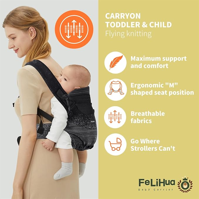 Ergonomic 4-in-1 Baby Carrier Newborn to Toddler - with Lumbar Support - for Children 8-33 Pounds - 360 Degree Baby Wearing - Inward & Outward Facing - (Black)
