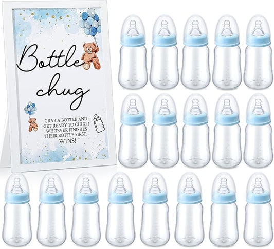 Roowest Bottle Chug Baby Shower Games Favors Including 18 Pcs Feeding Bottles with Blue Bear Theme Wooden Sign for Gender Reveal Baby Shower Party Supplies