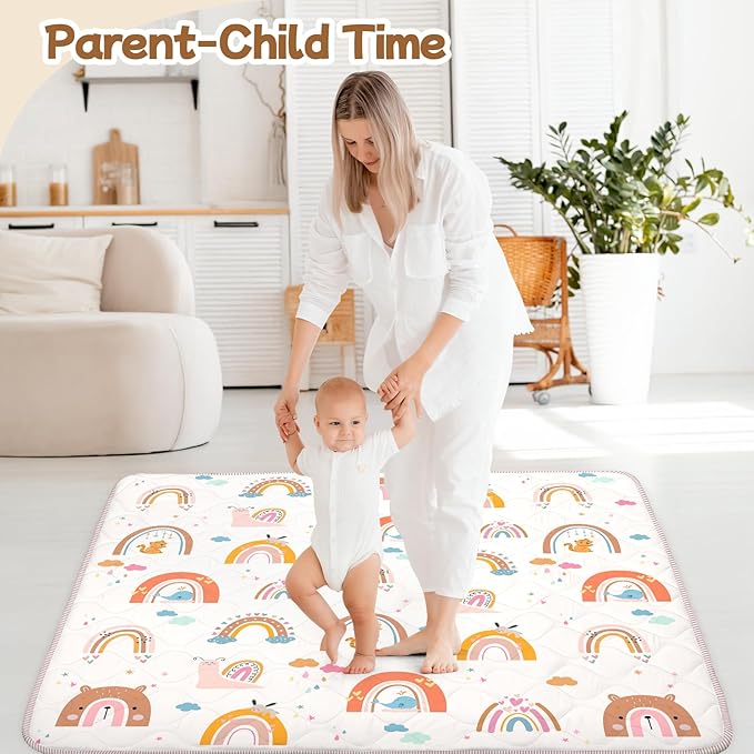 Baby Play Mat for Floor,Soft 50x50 Playpen Mat,Thick Foam Cushioned Playmat for Tummy Time,Safe Non-Slip Backing for Crawling for Kids Toddlers Infants,Boho Rainbow