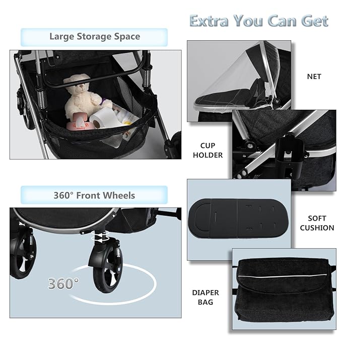 Kinder King 2 in 1 Convertible Baby Stroller, Folding High Landscape Infant Carriage, Newborn Reversible Pram, Adjustable Canopy, Diaper Bag, Anti-Shock Toddler Pushchair Stroller, Black