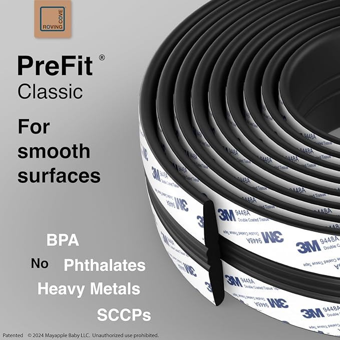 Roving Cove PreFit (Classic) Furniture Edge Corner Protector (Standard 15ft Edge 4 Corners), Baby Proofing Bumper Guards, Onyx Black, Pre-Taped, for Straight Smooth Surfaces