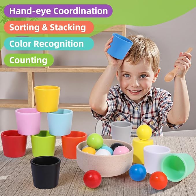 Rainbow Balls in Cups Toddler Montessori Toys - Color Sorting Toys for Toddlers for 3 Year Old Up, Learning Color Sorting and Counting, Kids Preschool Wooden Matching Games (12 Balls, 1.4 in)