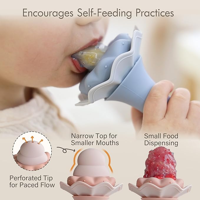 Moonkie Baby Fruit Feeder, BPA Free Silicone Food Feeder for Infant Self Feeding, Mesh Feeder with Two Pouches, Baby Shower Gifts 4 Months+, 2 Pack (Without Freezer Tray)