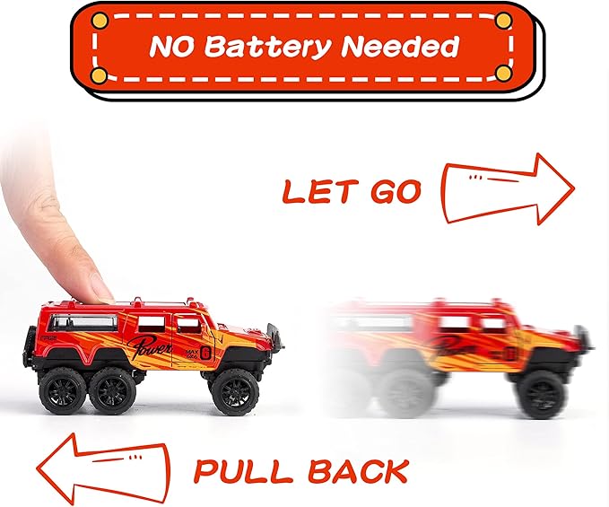 KIDAMI Diecast Toy Trucks 4 Pack Die Cast Metal Toy Cars Pull Back Cars Openable Doors Off-Road Vehicles Birthday Gift for Boys and Toddlers (Colorful)