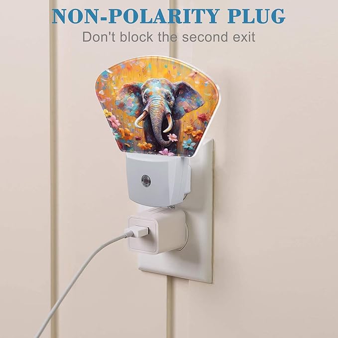 Watercolor Elephant Night Light for Kids Girls Boys, Flowers LED Night Light Plug into Wall with Dusk to Dawn Sensor for Bedroom, Hallway, Kitchen, Bathroom, Stairs Decor
