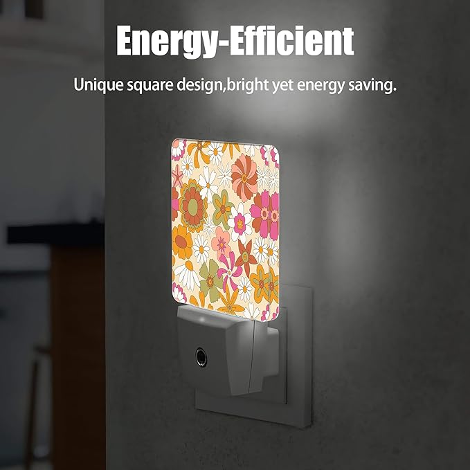 Vintage Boho Floral Night Light Plug in Wall Lamp Smart Dusk to Dawn Sensor for Home Decorative, Kids Room Bedroom Bathroom Kitchen Hallway Gifts
