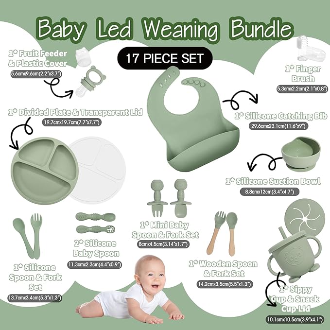 Baby Led Weaning Supplies, 17 Piece BPA-Free Silicone Feeding Set, Eating Essentials Baby Utensils with Suction Plate and Bowl, Pocket Bib, Sippy Cup with Lid, for 6+ Months, Green