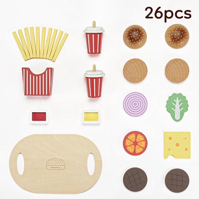 Wooden Play Food Toy for Kids Pretend Play Kitchen Accessories for Toddlers Wooden Play Fast Food Hamburger Set Educational Toys Gift for Boys Girls