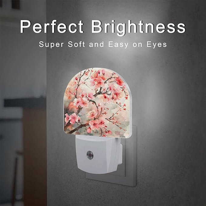 Cherry Blossom Tree Night Light Plug into Wall,Pink Watercolor Cherry Blossom Flowers Dusk to Dawn Night Light Plug in,0.5w Energy Saving NightLight for Kids Boys Girls Home Decor