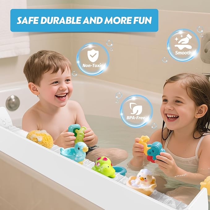 Bathtub Splash Guard for Tub Kids - Silicone Bathtub Water Guard with 11 Suction Cups, Play Shelf for Bathing, Toy Tray Caddy Holder for Tub Prevents Water Spills in Bathroom, Fun Bath Time Storage
