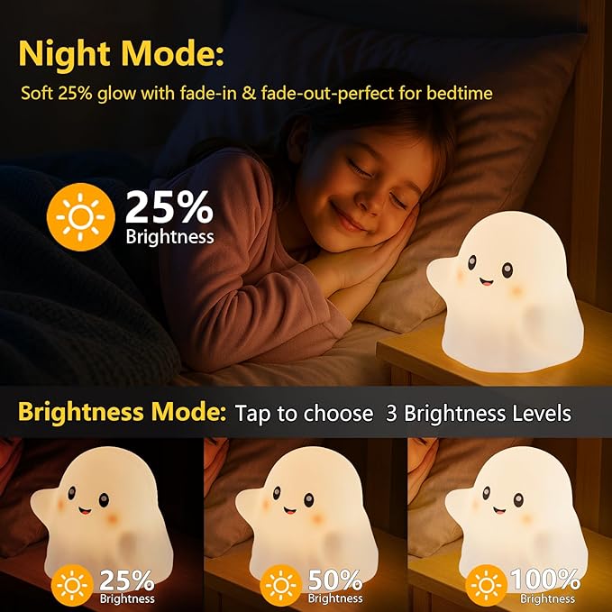 RGB Ghost Night Light – Color-Changing Tap Control Fun Toy for Kids, Soft Squishy Silicone Lamp with Sounds, Dimmable Rechargeable Bedside & Table Lamp, Funny Gift for Boys & Girls