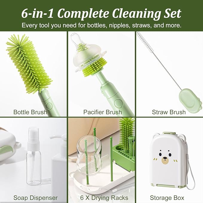 Travel Baby Bottle Cleaner Kit with Storage Case – 6-in-1 Compact Bottle Brush Set for Infant Feeding, Breast Pump Parts & On-The-Go Washing – Baby Travel Essentials for Flying (Green)