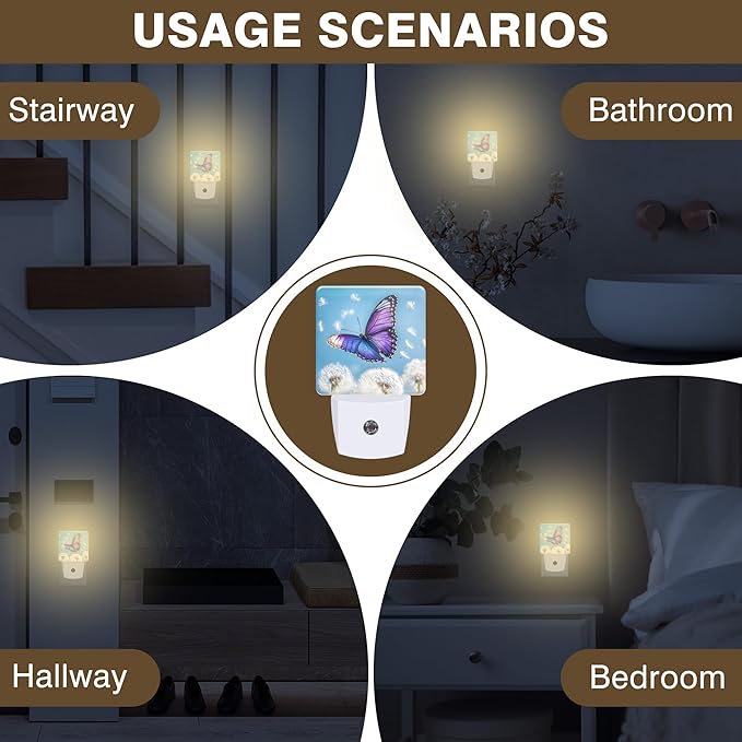 Flying Butterfly with Dandelion Night Light, Plug-in Nightlight with Dusk to Dawn Auto Sensor for Home Bedroom Hallway Kitchen 0.5W Sleep Friendly Led Lamp for Women Men