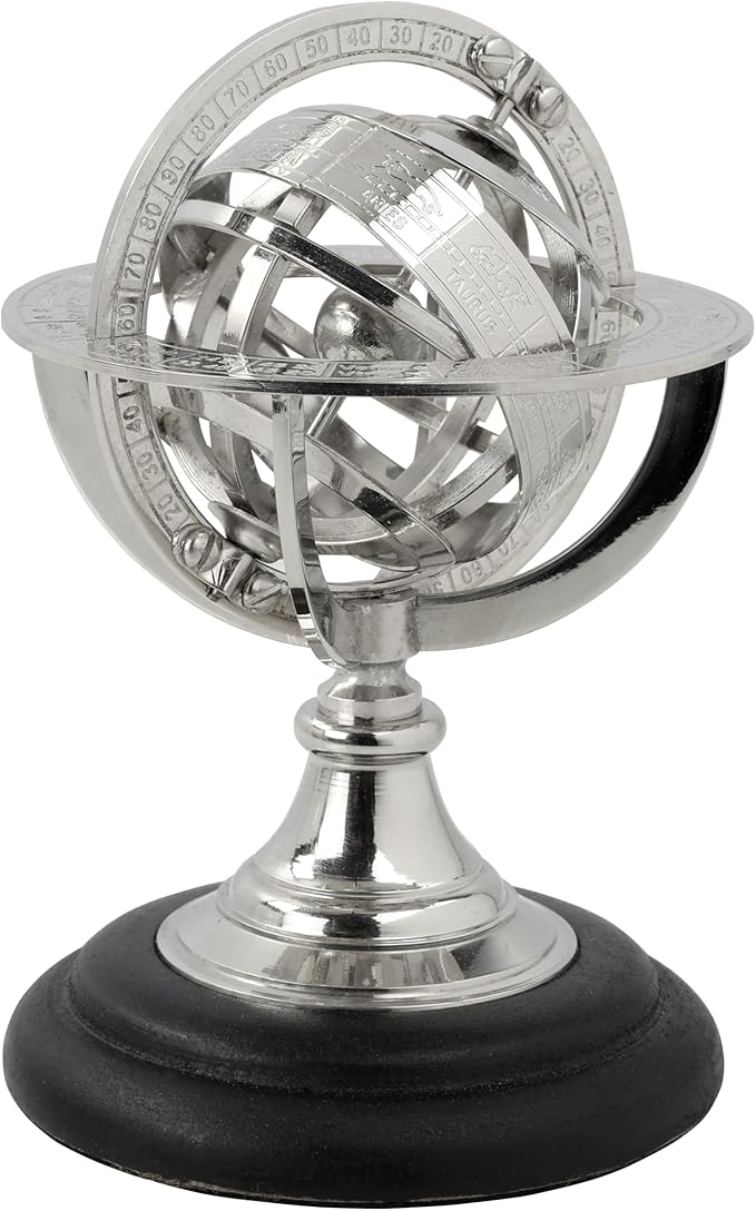 Antique Vintage Zodiac Armillary Brass Sphere Globe Wooden Display | Pirate's Antique Ship Decor | Nagina International (Small, Nickel Plated)