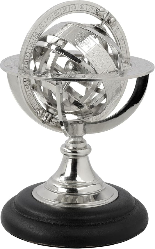 Antique Vintage Zodiac Armillary Brass Sphere Globe Wooden Display | Pirate's Antique Ship Decor | Nagina International (Small, Nickel Plated)