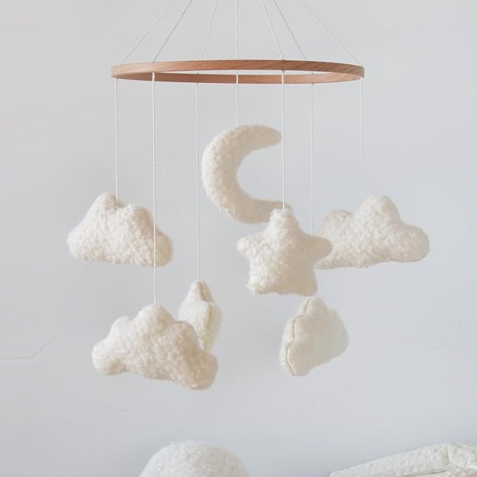 Cloud Crib Mobile Baby Mobile for Crib Neutral Boho Moon and Clouds Mobile Neutral Nursery Décor Boucle Mobile