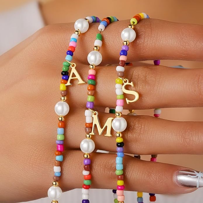 M MOOHAM Colorful Initial Necklaces for Girls Women Kids - Christmas Stocking Stuffers Beaded Pearl Choker Necklace for Women Teen Girl Gifts Trendy Personalized Letter Birthday Gifts Kids Jewelry