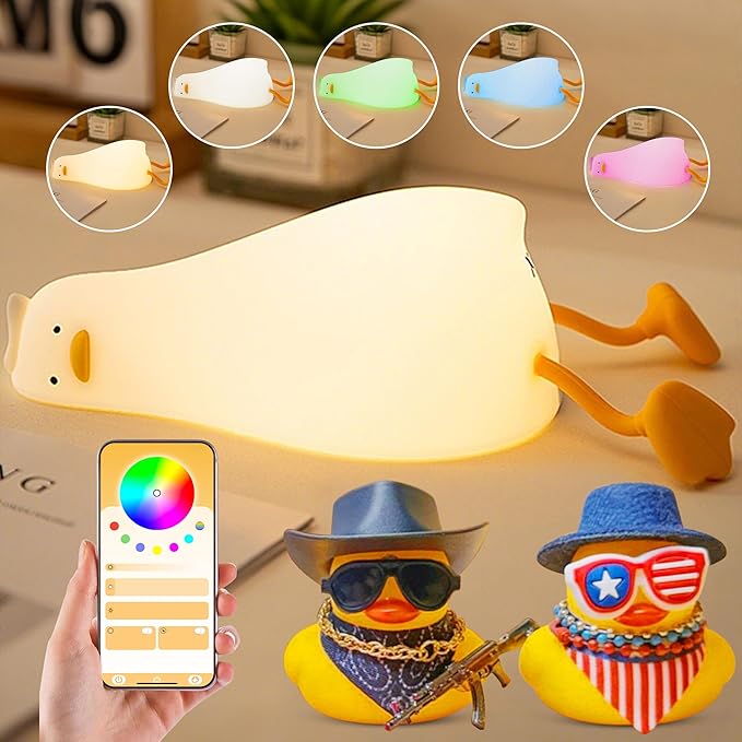 Cute Duck Night Light with Color Changing, APP/Tap Control Fun Lying Flat Ducky Lamp with Blind Box Gift,Soft Silicone Nursery Nightlight,Dimmable/Timing Bedside Touch Lamp,Baby Adults Kids Room Decor