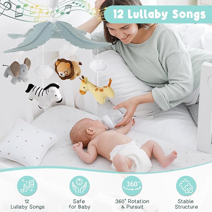 Animals Crib Mobile for Boys & Girls - Safari Baby Mobile for Crib with Upgraded 3-Mode Music Box, Fits Standard Cribs, Nursery Mobiles