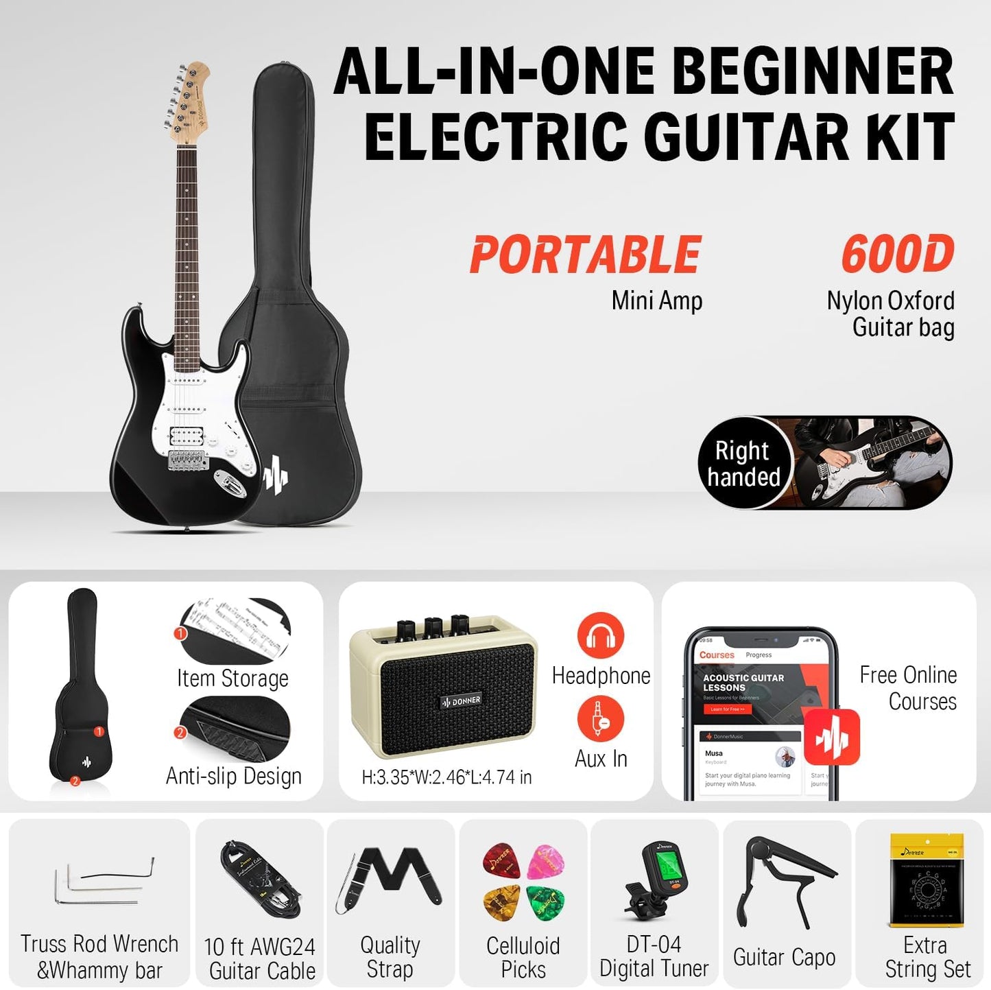 Donner DST-100B 39 Inch Electric Guitar Beginner Kit Solid Body Full Size Black HSS for Starter, with Amplifier, Bag, Digital Tuner, Capo, Strap, String,Cable, Picks